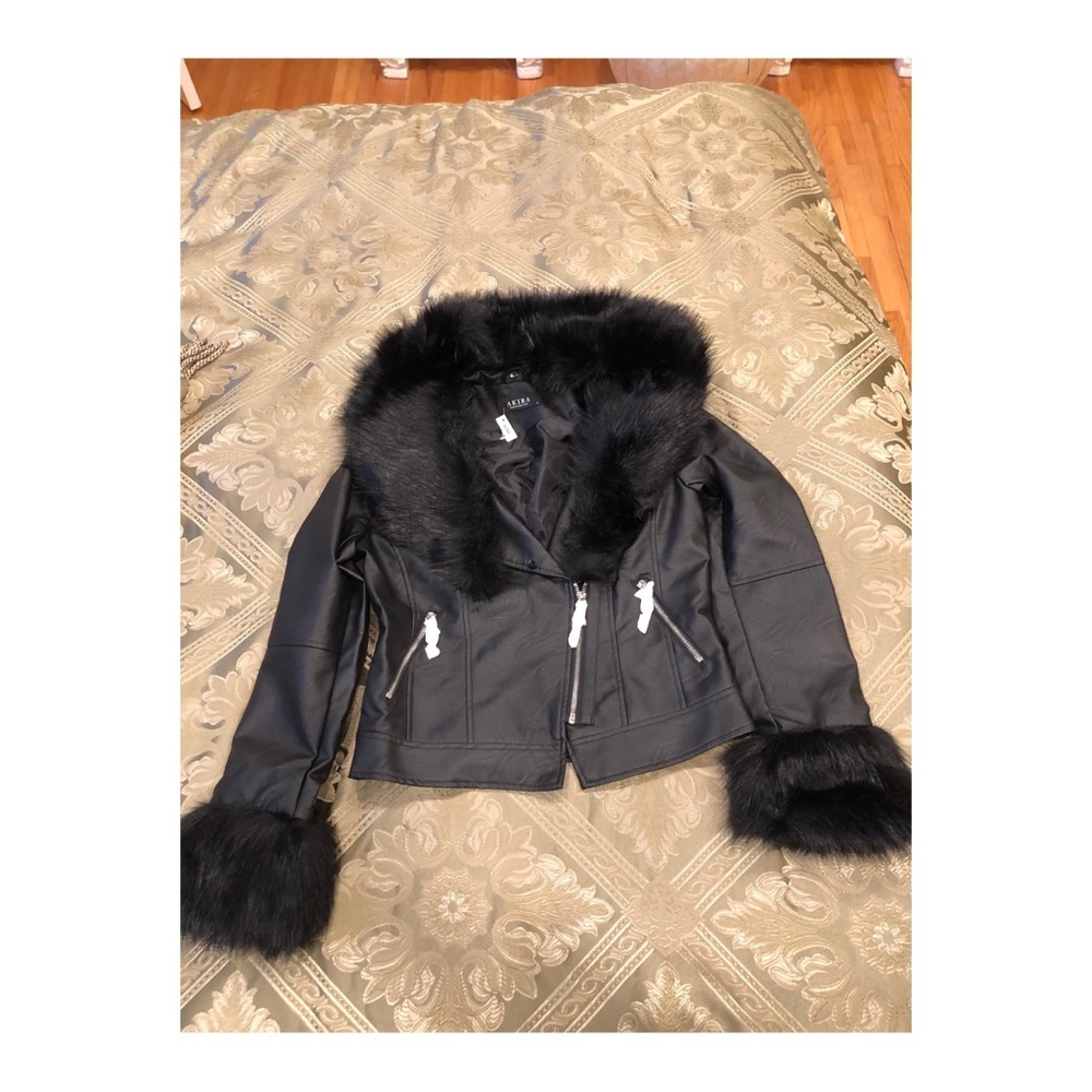 Faux fur black leather jacket